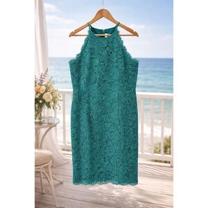Ann Taylor LOFT Dress Sz 18 Green Scalloped Lace Shift Sleeveless V1002